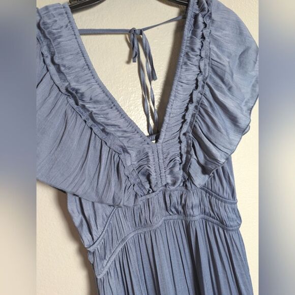 Joie Blue flutter Ruffle Pleated Crinkle Sundress Midi Dress Womens M - Picture 6 of 7